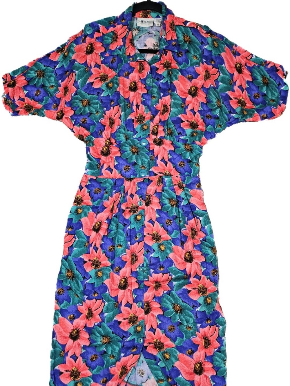Floral Button-Front Midi Dress in Coral & Teal